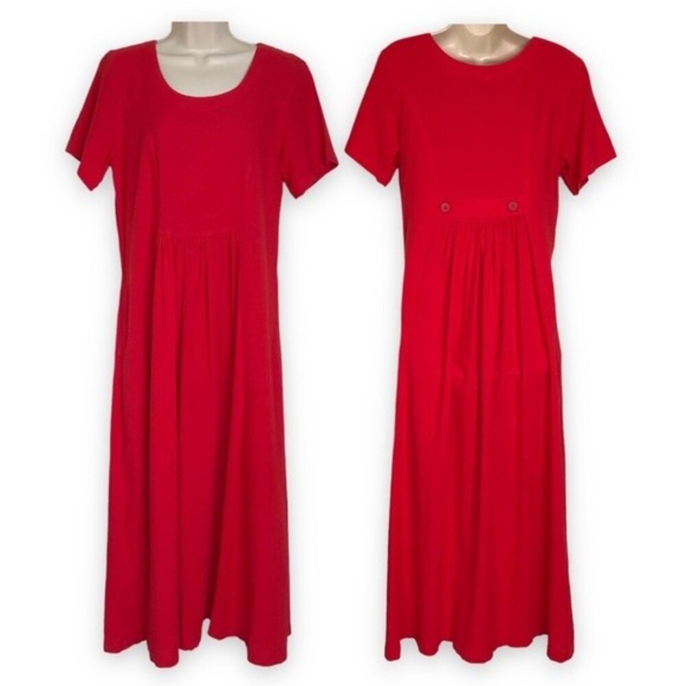 Vintage Cotton USA Red Long Maxi Dress Short Sleeve Round Neck Womens Size Small